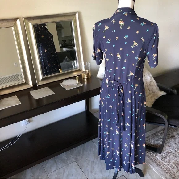 Vtg Eddie Bauer navy floral cottagecore prairie midi shirt dress button down M - Picture 8 of 13